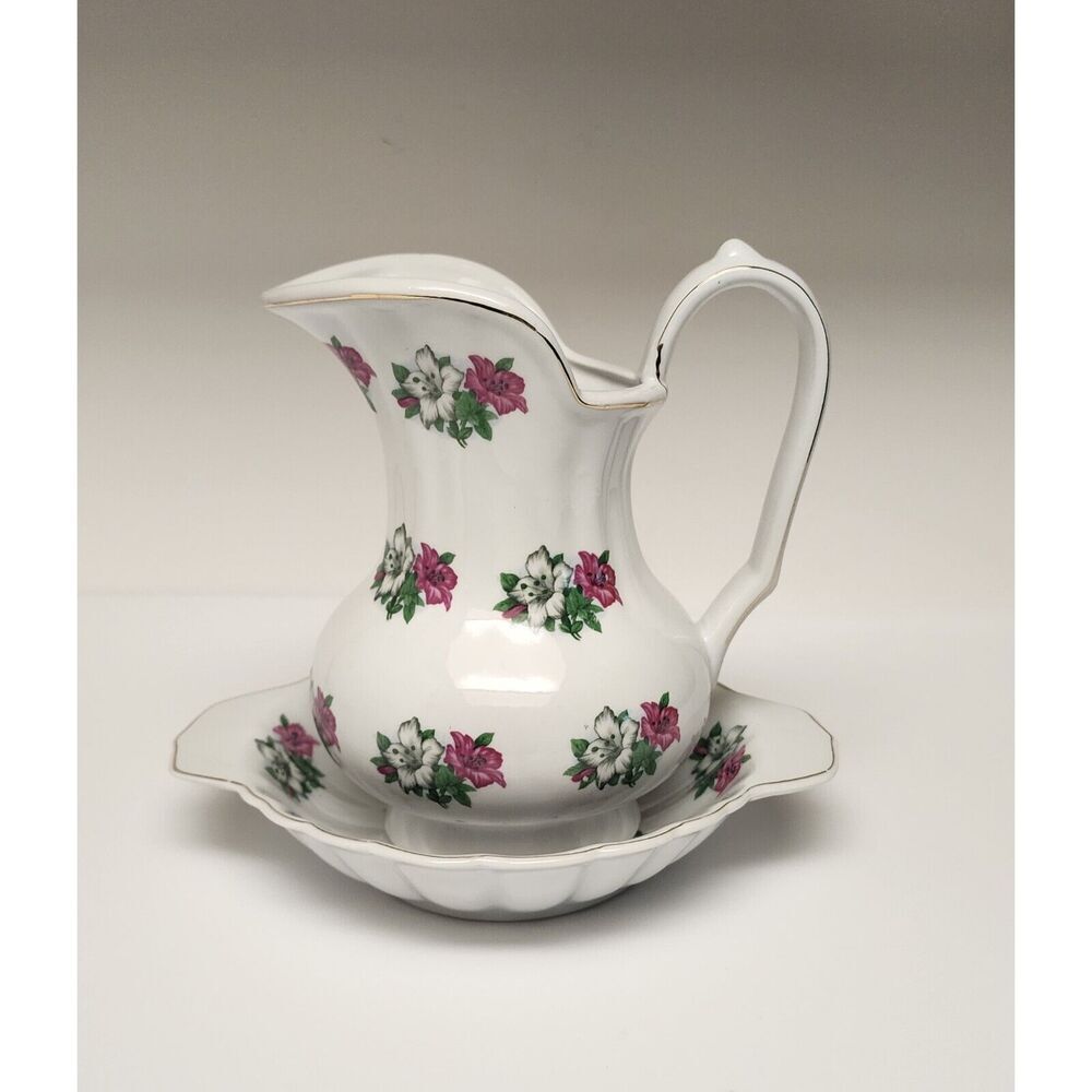 Vintage Rare Find Medium Porcelain 9" Pitcher/Bowl ROSE White & Gold Trim